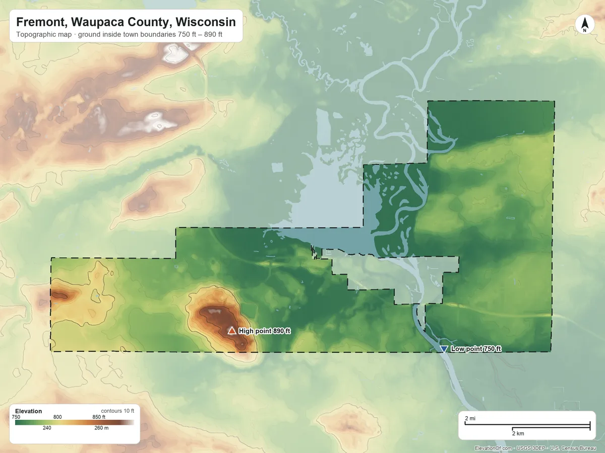 Topographic elevation map of Fremont, Waupaca County, Wisconsin, shaded from 750 ft on the southeast side to 890 ft on the west side