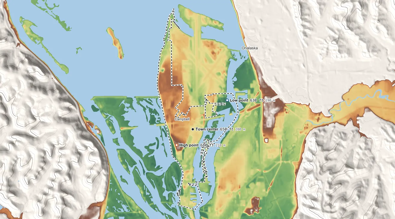 Topographic elevation map of French Island, Wisconsin, shaded from 630 ft on the northeast side to 680 ft on the southwest edge, below higher ground just outside