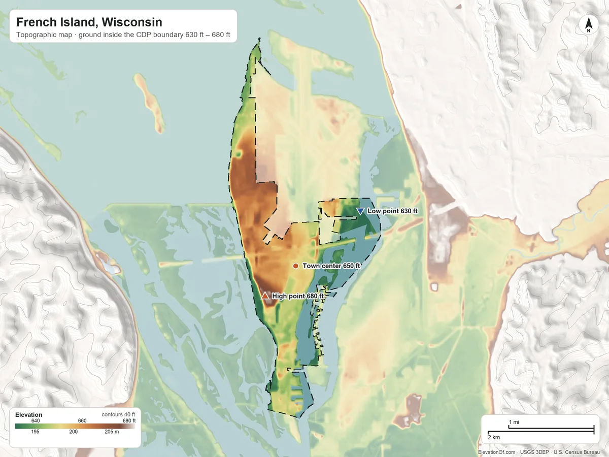 Topographic elevation map of French Island, Wisconsin, shaded from 630 ft on the northeast side to 680 ft on the southwest edge, below higher ground just outside