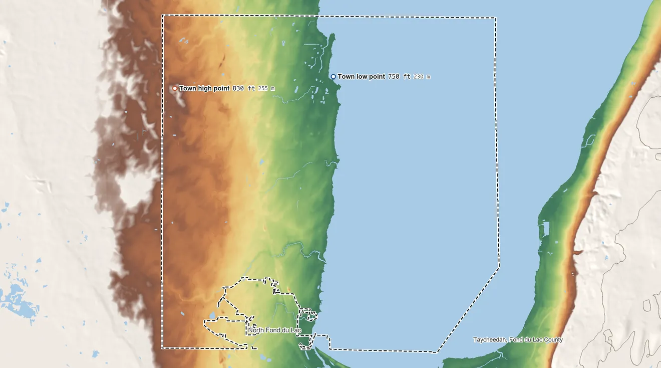 Topographic elevation map of Friendship, Wisconsin, shaded from 750 ft on the northeast side to 830 ft on the northwest side