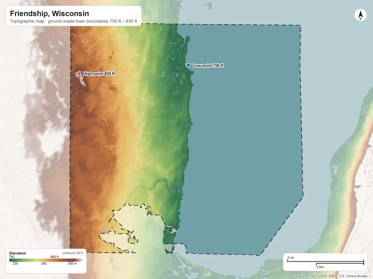 Topographic elevation map of Friendship, Wisconsin, shaded from 750 ft on the northeast side to 830 ft on the northwest side