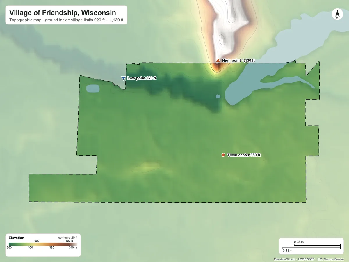 Topographic elevation map of Village of Friendship, Wisconsin, shaded from 920 ft on the northwest side to 1,130 ft on the north side