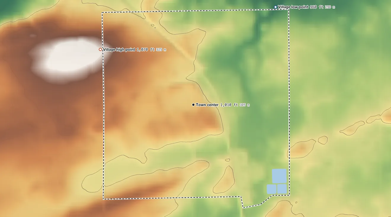 Topographic elevation map of Friesland, Wisconsin, shaded from 960 ft on the northeast side to 1,070 ft on the northwest side