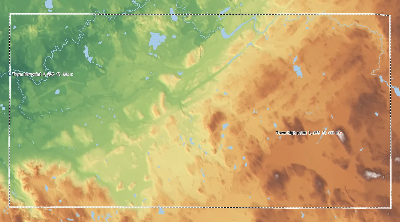Topographic elevation map of Frog Creek, Wisconsin, shaded from 1,020 ft on the northwest side to 1,370 ft on the east side