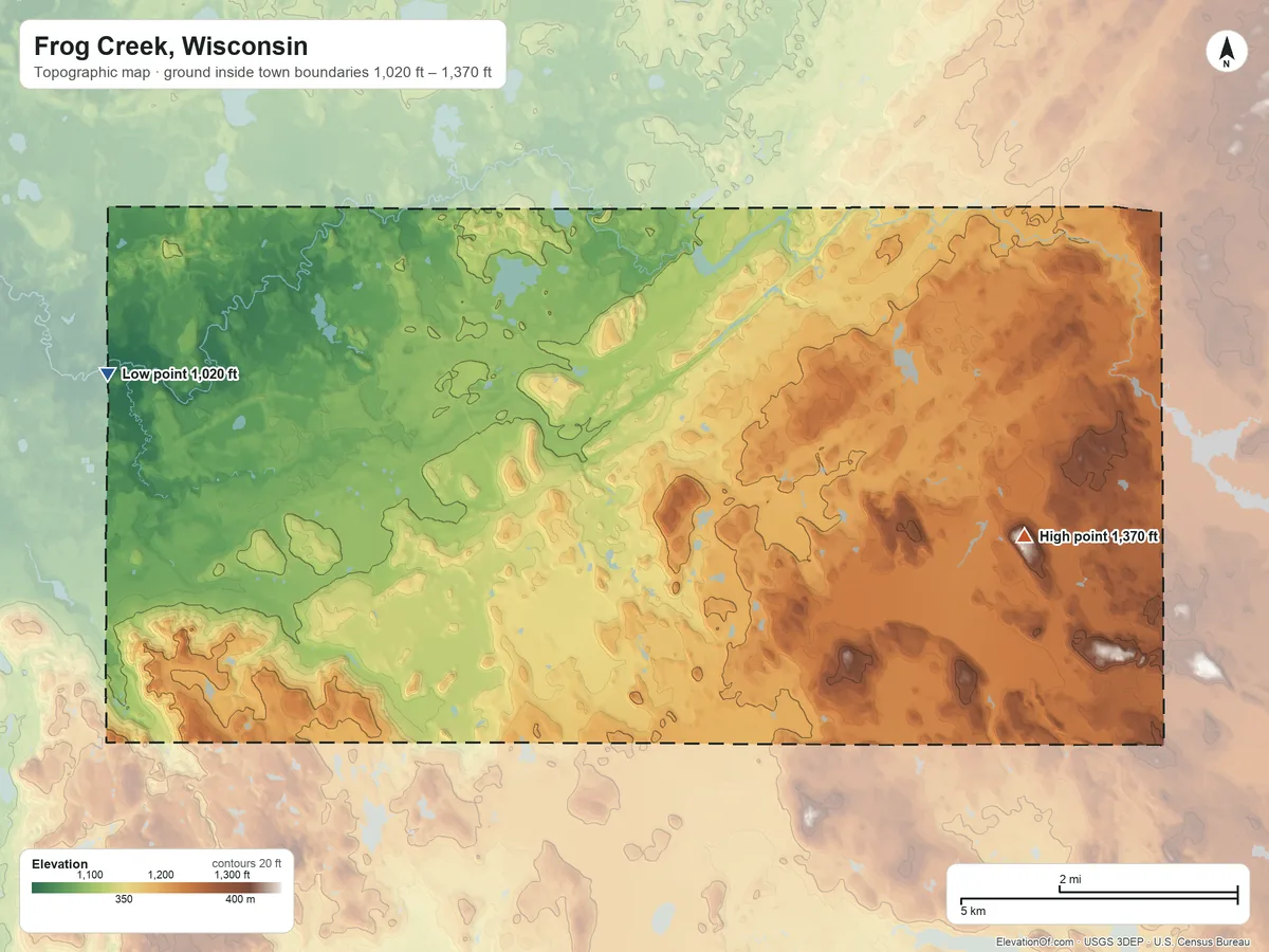 Topographic elevation map of Frog Creek, Wisconsin, shaded from 1,020 ft on the northwest side to 1,370 ft on the east side