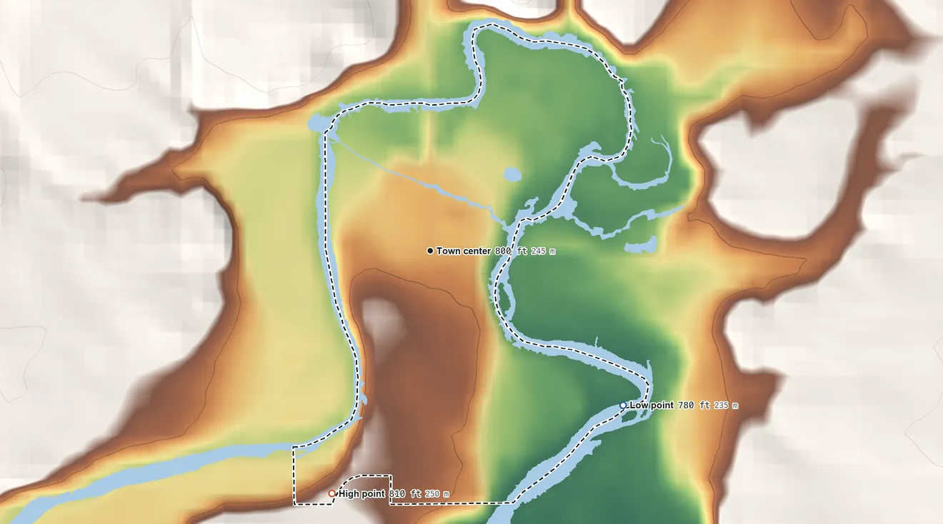 Topographic elevation map of Fulton, Rock County, Wisconsin, shaded from 780 ft on the southeast side to 810 ft on the south side