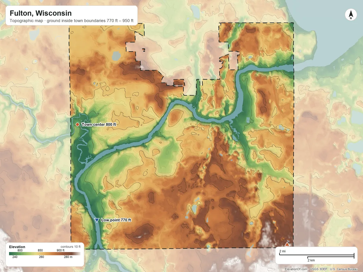 Topographic elevation map of Fulton, Wisconsin, shaded from 770 ft on the south side to 950 ft on the southeast side