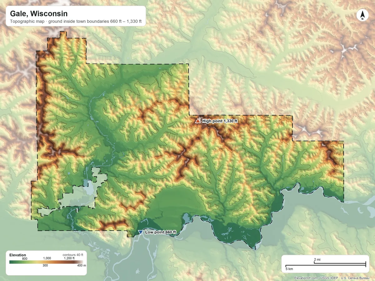 Topographic elevation map of Gale, Wisconsin, shaded from 660 ft on the south side to 1,330 ft on the northeast side