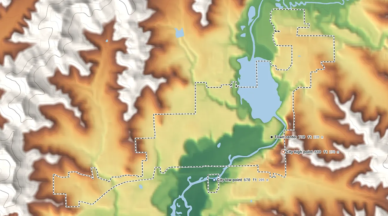 Topographic elevation map of Galesville, Wisconsin, shaded from 670 ft on the southwest side to 880 ft on the southeast edge, below higher ground just outside
