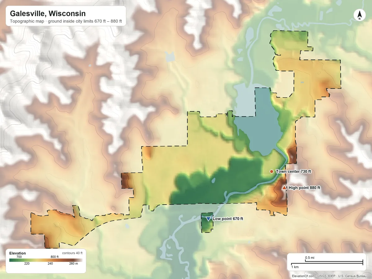 Topographic elevation map of Galesville, Wisconsin, shaded from 670 ft on the southwest side to 880 ft on the southeast edge, below higher ground just outside