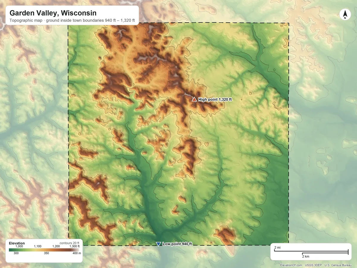 Topographic elevation map of Garden Valley, Wisconsin, shaded from 940 ft on the south side to 1,320 ft on the north side