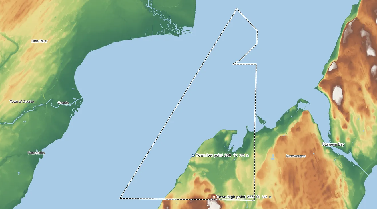 Topographic elevation map of Gardner, Wisconsin, shaded from 580 ft on the west side to 800 ft on the south side