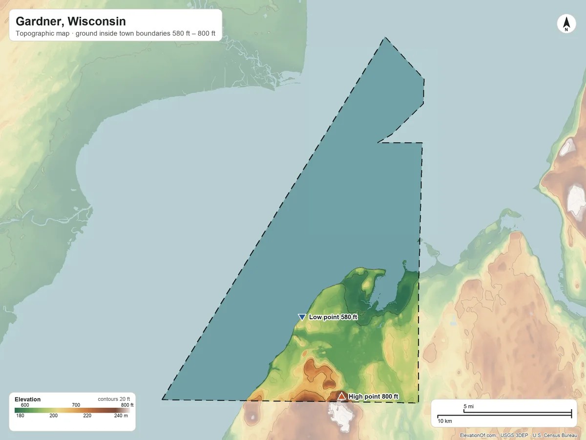 Topographic elevation map of Gardner, Wisconsin, shaded from 580 ft on the west side to 800 ft on the south side
