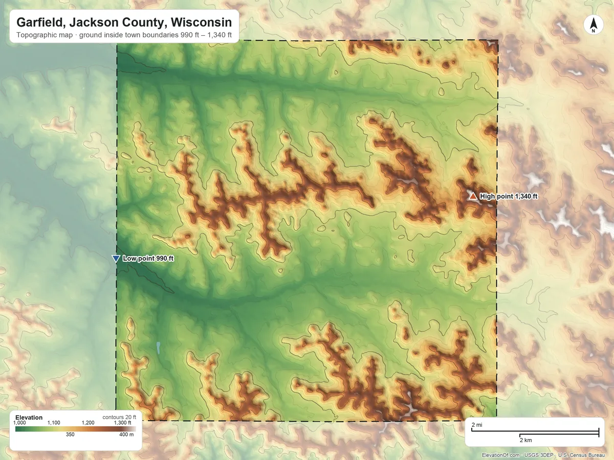 Topographic elevation map of Garfield, Jackson County, Wisconsin, shaded from 990 ft on the west side to 1,340 ft on the east side