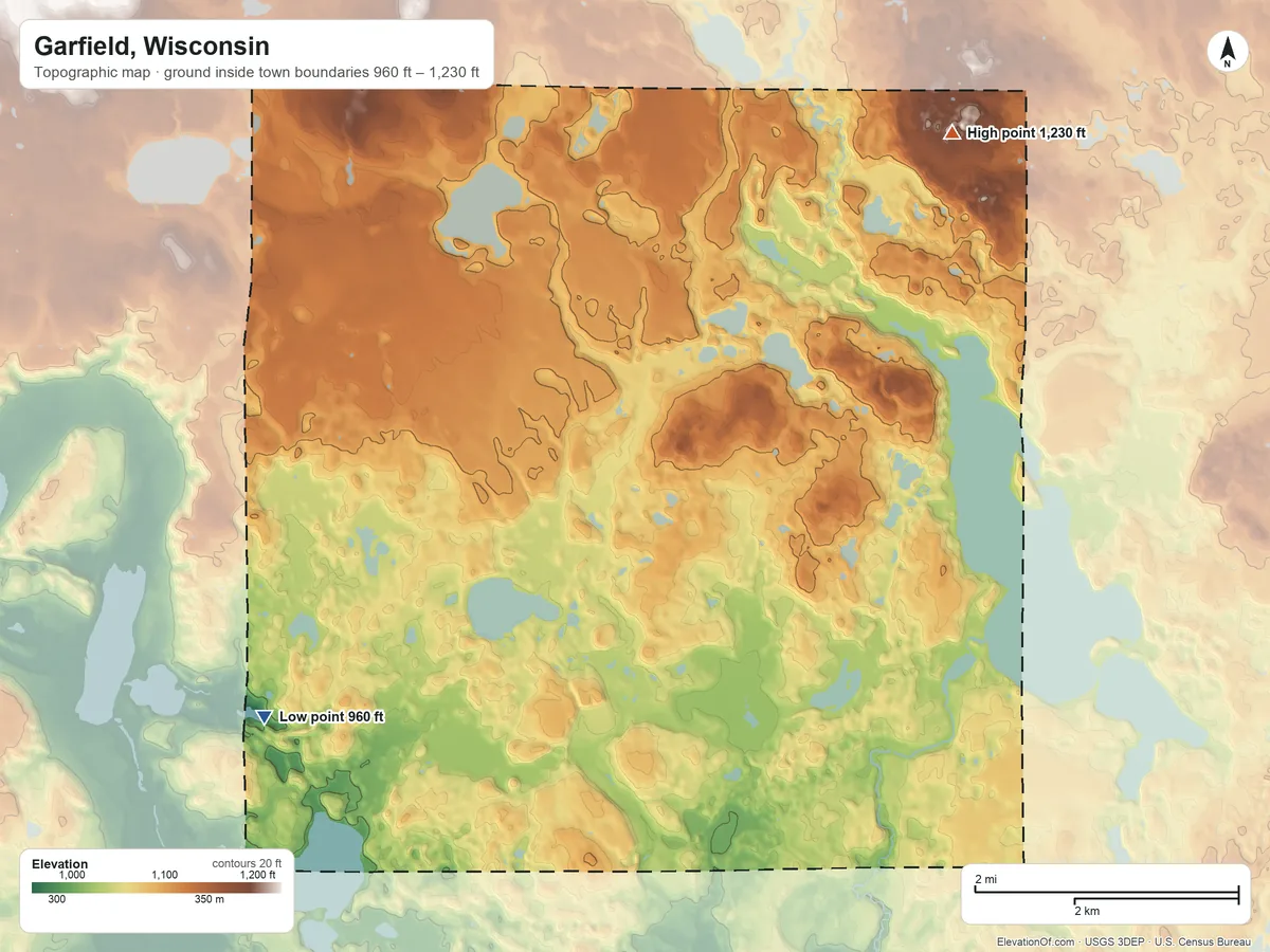 Topographic elevation map of Garfield, Wisconsin, shaded from 960 ft on the southwest side to 1,230 ft on the northeast side