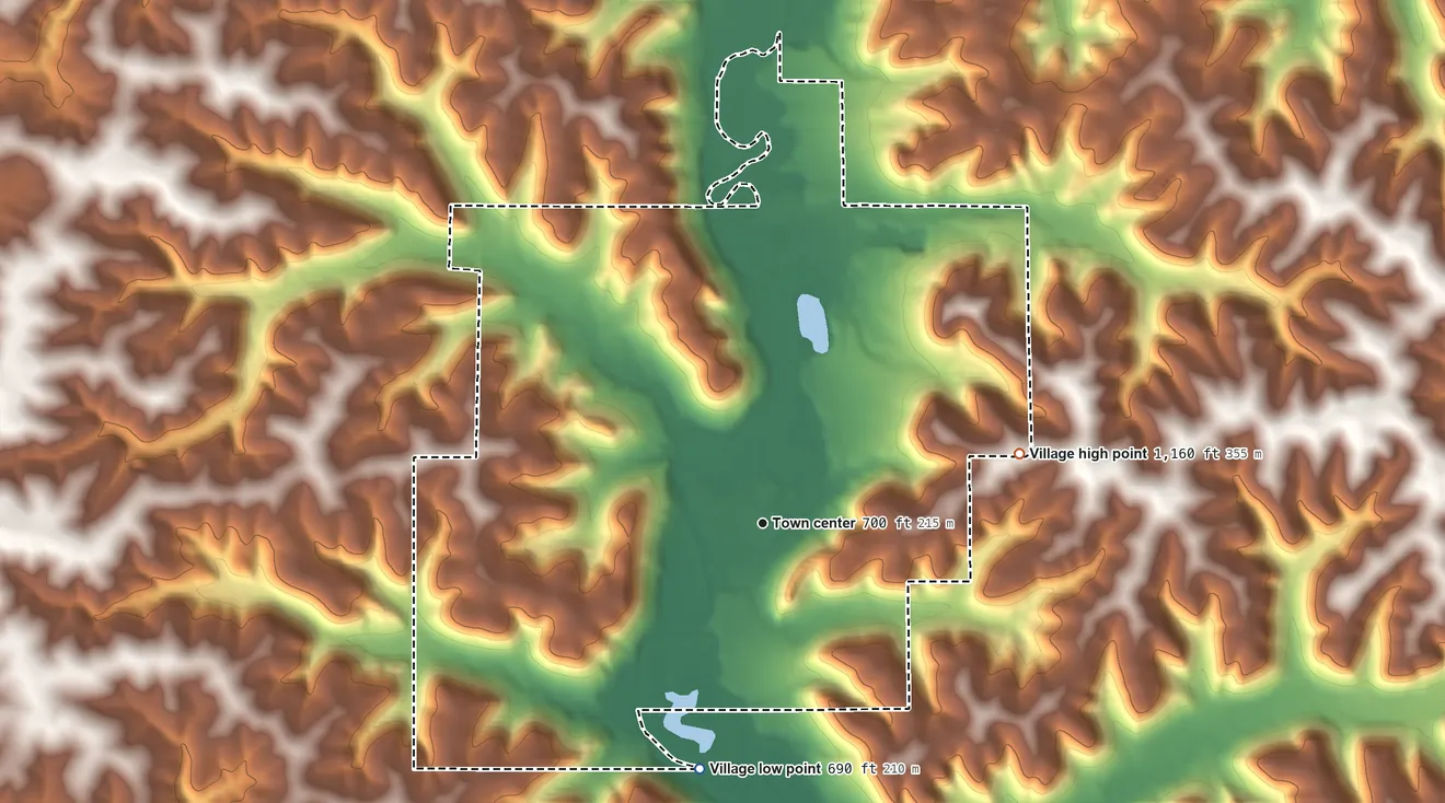 Topographic elevation map of Gays Mills, Wisconsin, shaded from 690 ft on the south side to 1,160 ft on the east side