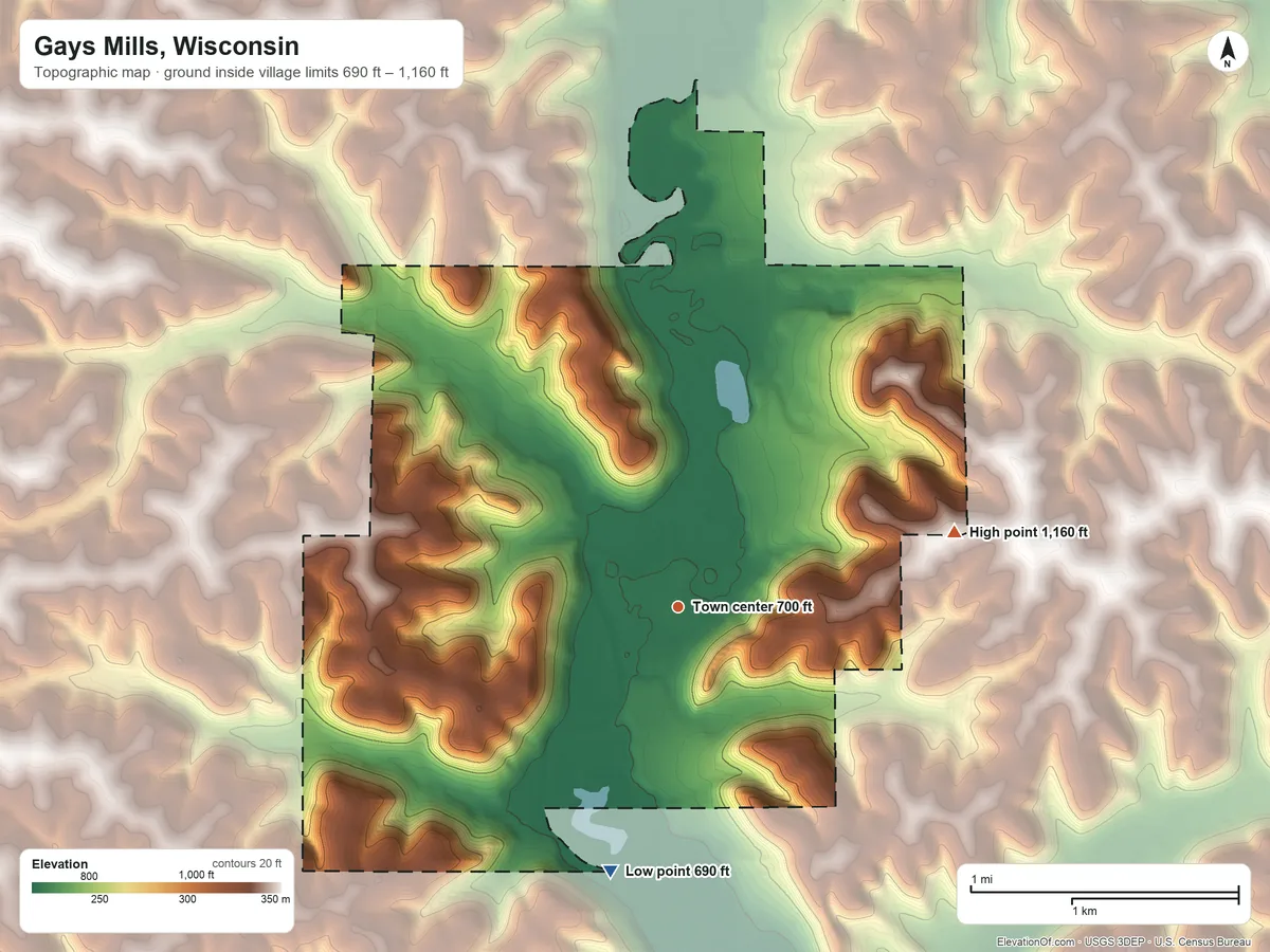 Topographic elevation map of Gays Mills, Wisconsin, shaded from 690 ft on the south side to 1,160 ft on the east side