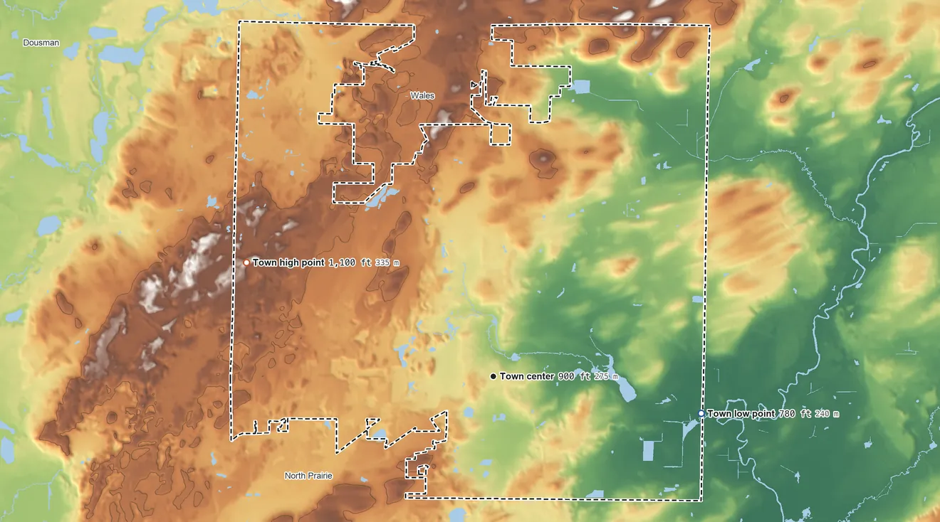 Topographic elevation map of Genesee, Wisconsin, shaded from 780 ft on the east side to 1,100 ft on the northwest side