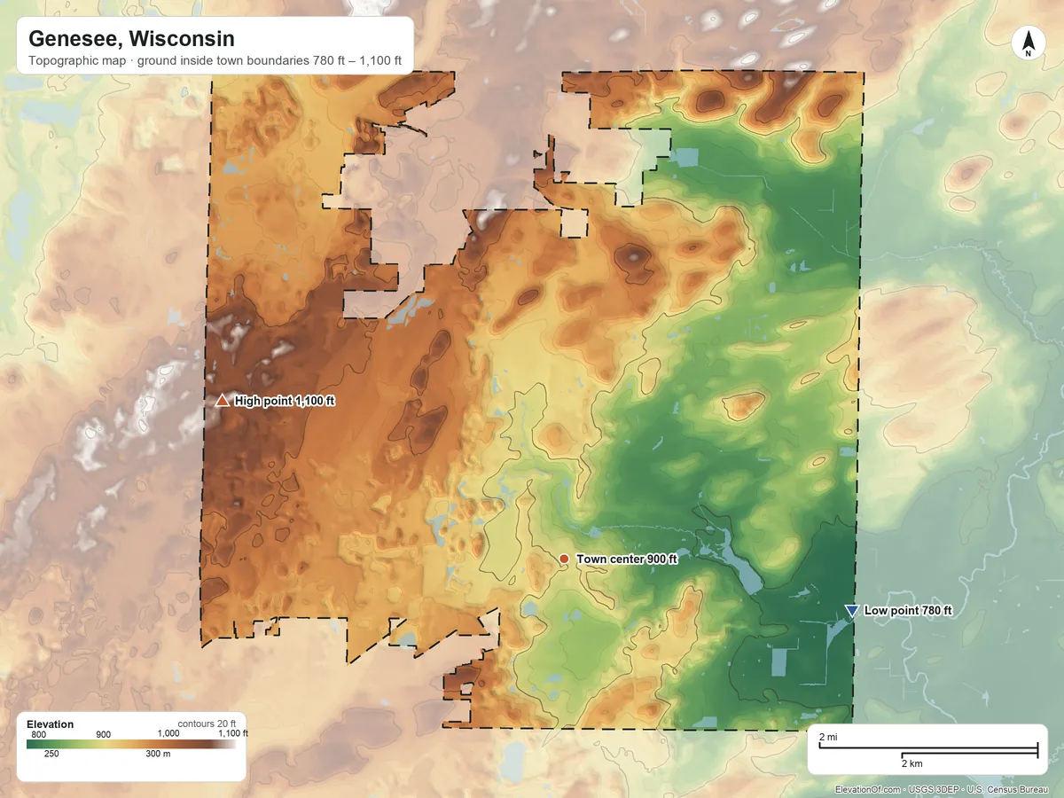 Topographic elevation map of Genesee, Wisconsin, shaded from 780 ft on the east side to 1,100 ft on the northwest side