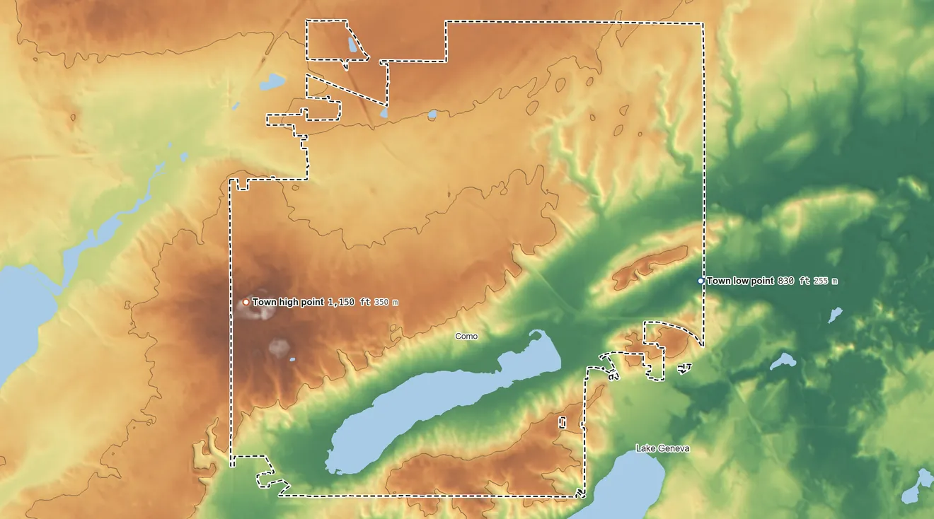 Topographic elevation map of Geneva, Wisconsin, shaded from 830 ft on the east side to 1,150 ft on the west side