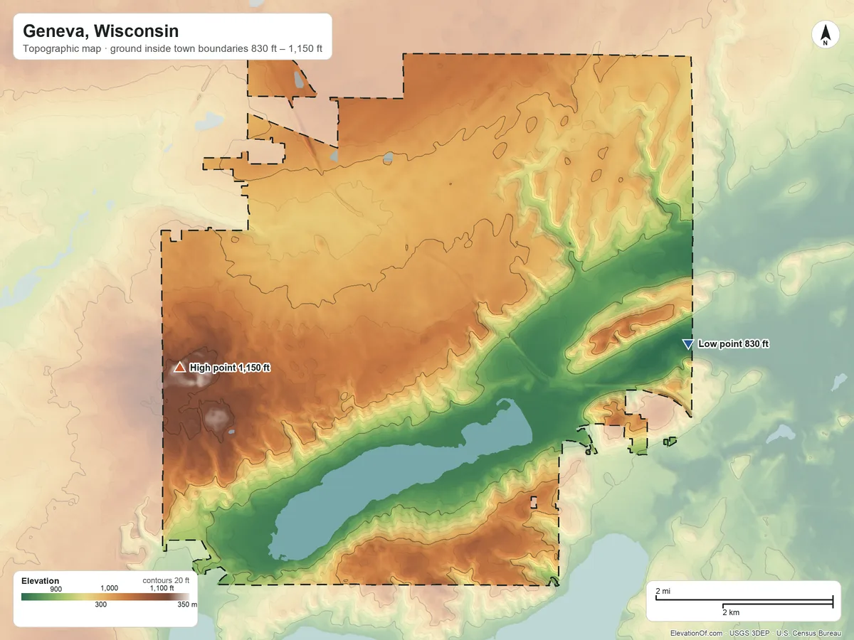 Topographic elevation map of Geneva, Wisconsin, shaded from 830 ft on the east side to 1,150 ft on the west side