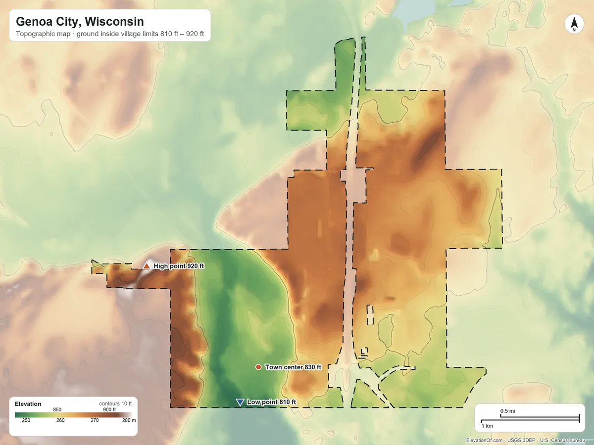 Topographic elevation map of Genoa City, Wisconsin, shaded from 810 ft near the middle to 920 ft on the northwest side
