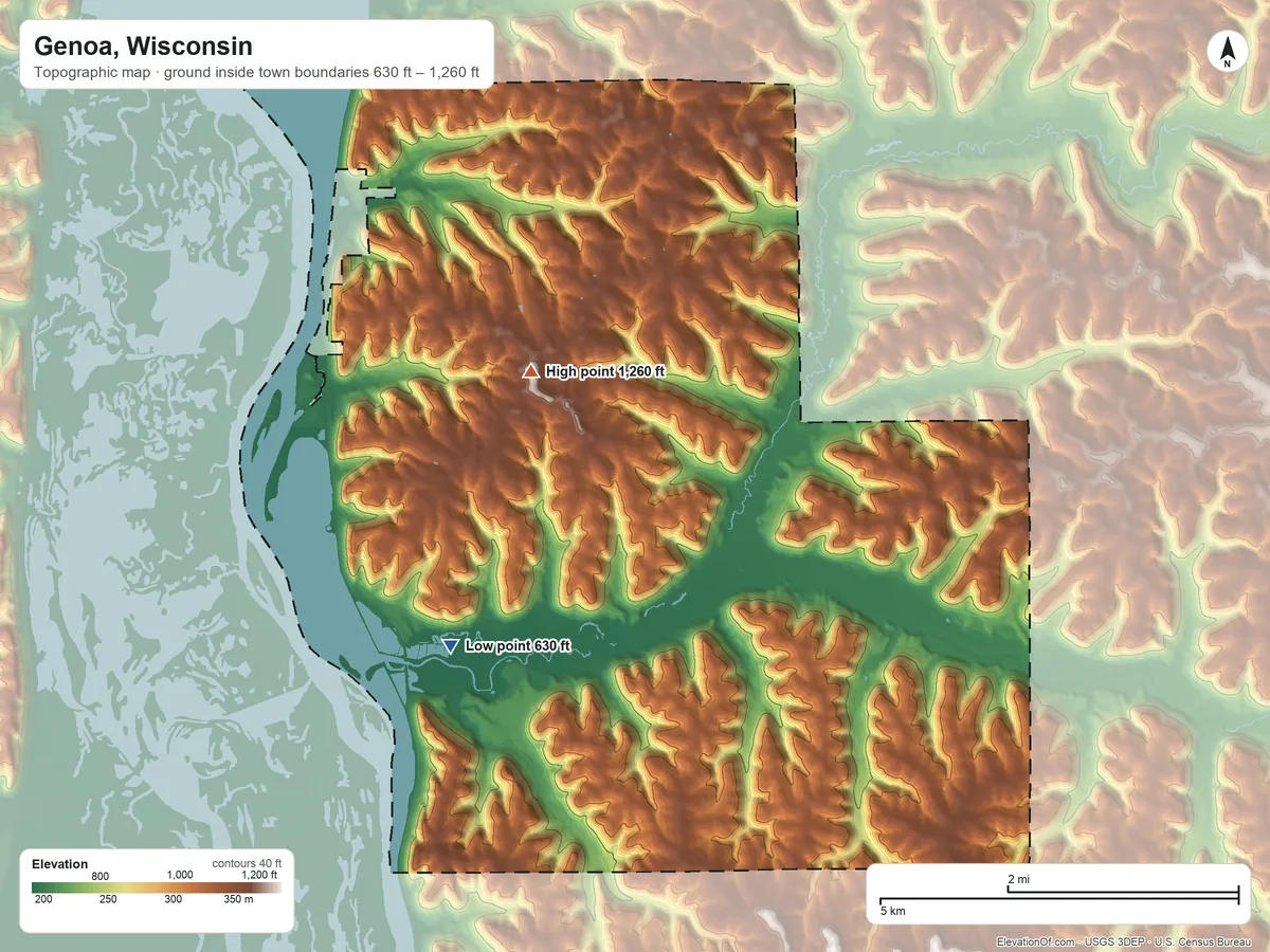 Topographic elevation map of Genoa, Wisconsin, shaded from 630 ft on the southwest side to 1,260 ft on the north side