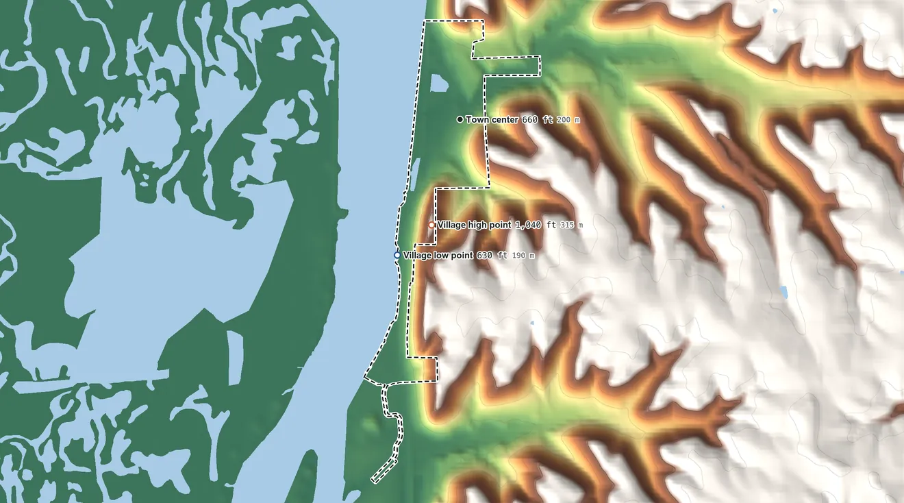 Topographic elevation map of Village of Genoa, Wisconsin, shaded from 630 ft on the southwest side to 1,040 ft on the south side