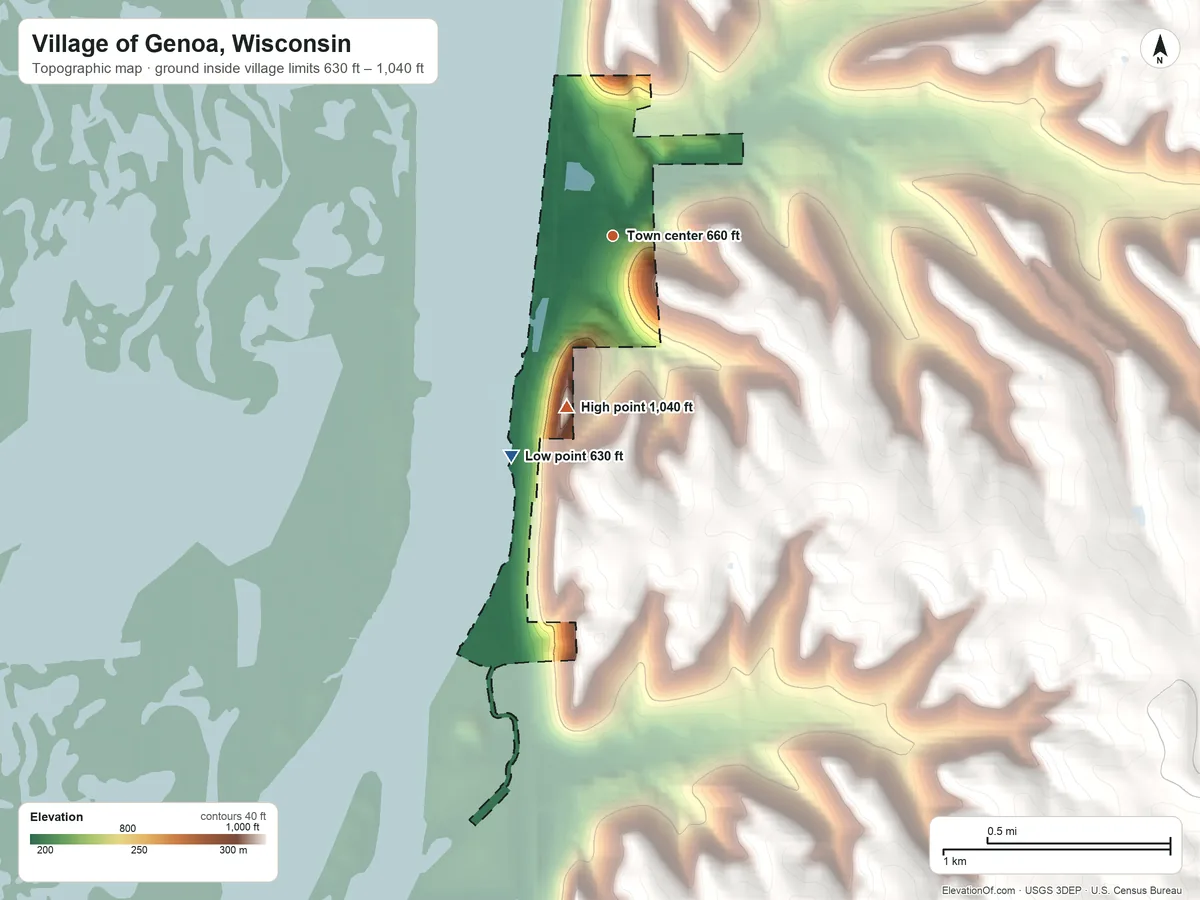 Topographic elevation map of Village of Genoa, Wisconsin, shaded from 630 ft on the southwest side to 1,040 ft on the south side