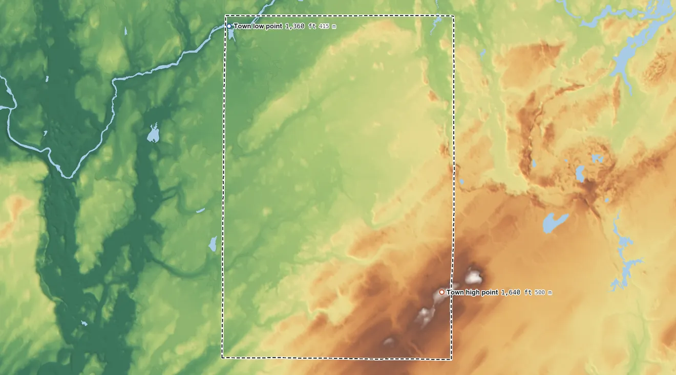 Topographic elevation map of Georgetown, Price County, Wisconsin, shaded from 1,360 ft on the north side to 1,640 ft on the northeast side