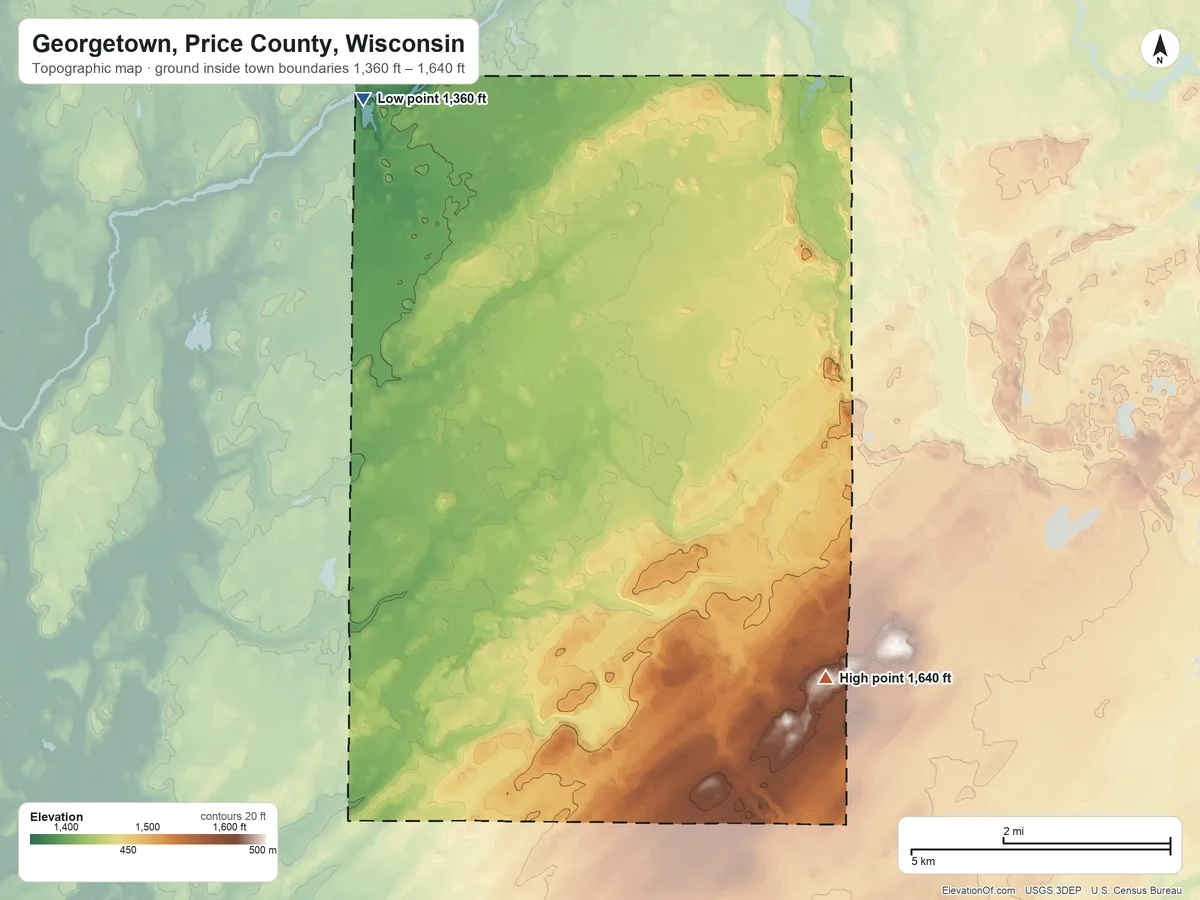 Topographic elevation map of Georgetown, Price County, Wisconsin, shaded from 1,360 ft on the north side to 1,640 ft on the northeast side