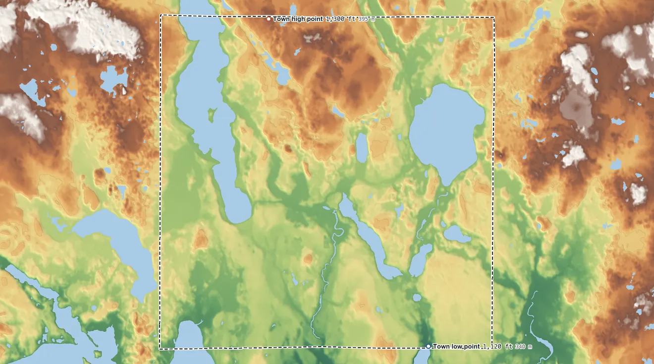 Topographic elevation map of Georgetown, Wisconsin, shaded from 1,120 ft on the southeast side to 1,300 ft on the north side