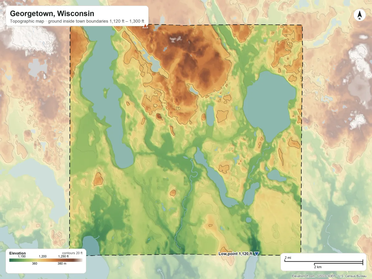 Topographic elevation map of Georgetown, Wisconsin, shaded from 1,120 ft on the southeast side to 1,300 ft on the north side