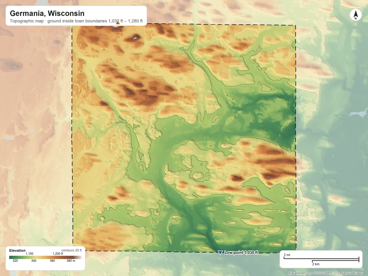 Topographic elevation map of Germania, Wisconsin, shaded from 1,030 ft on the south side to 1,280 ft on the northwest side