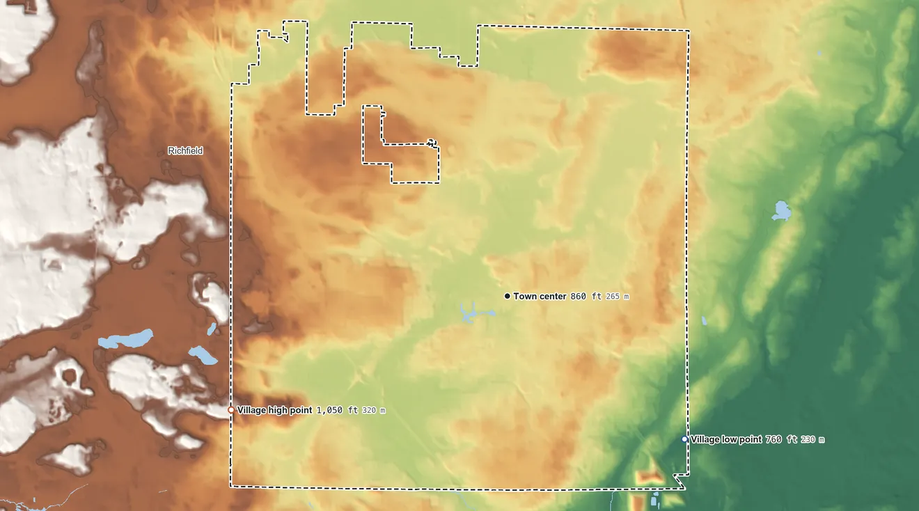Topographic elevation map of Germantown, Wisconsin, shaded from 760 ft on the southeast side to 1,050 ft on the west side