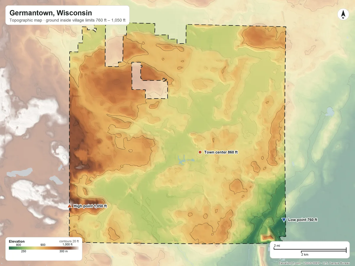 Topographic elevation map of Germantown, Wisconsin, shaded from 760 ft on the southeast side to 1,050 ft on the west side