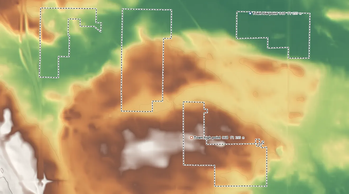 Topographic elevation map of Town of Germantown, Wisconsin, shaded from 840 ft on the northeast side to 960 ft on the southeast side