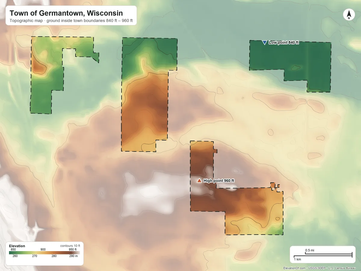 Topographic elevation map of Town of Germantown, Wisconsin, shaded from 840 ft on the northeast side to 960 ft on the southeast side