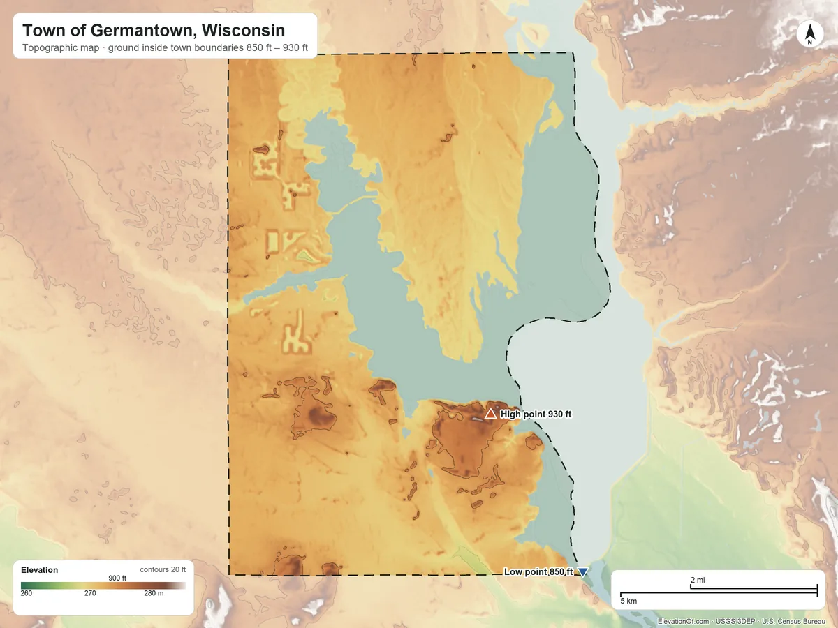 Topographic elevation map of Town of Germantown, Wisconsin, shaded from 850 ft on the southeast side to 930 ft on the southeast side