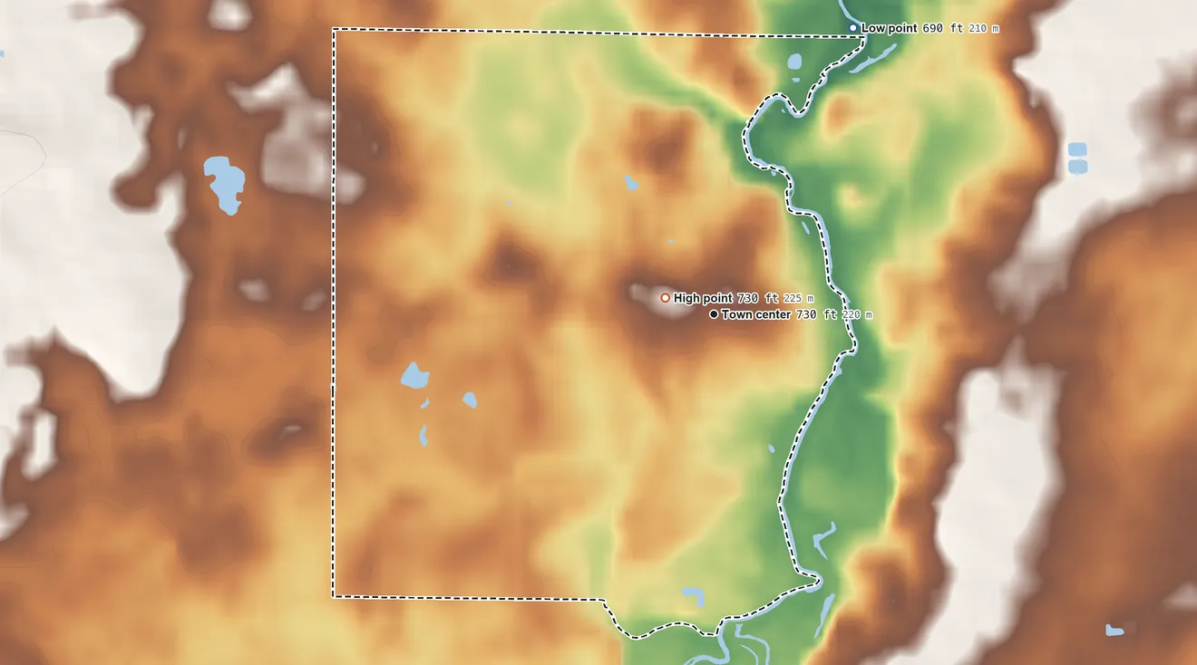 Topographic elevation map of Gibbsville, Wisconsin, shaded from 690 ft on the northeast side to 730 ft near the middle
