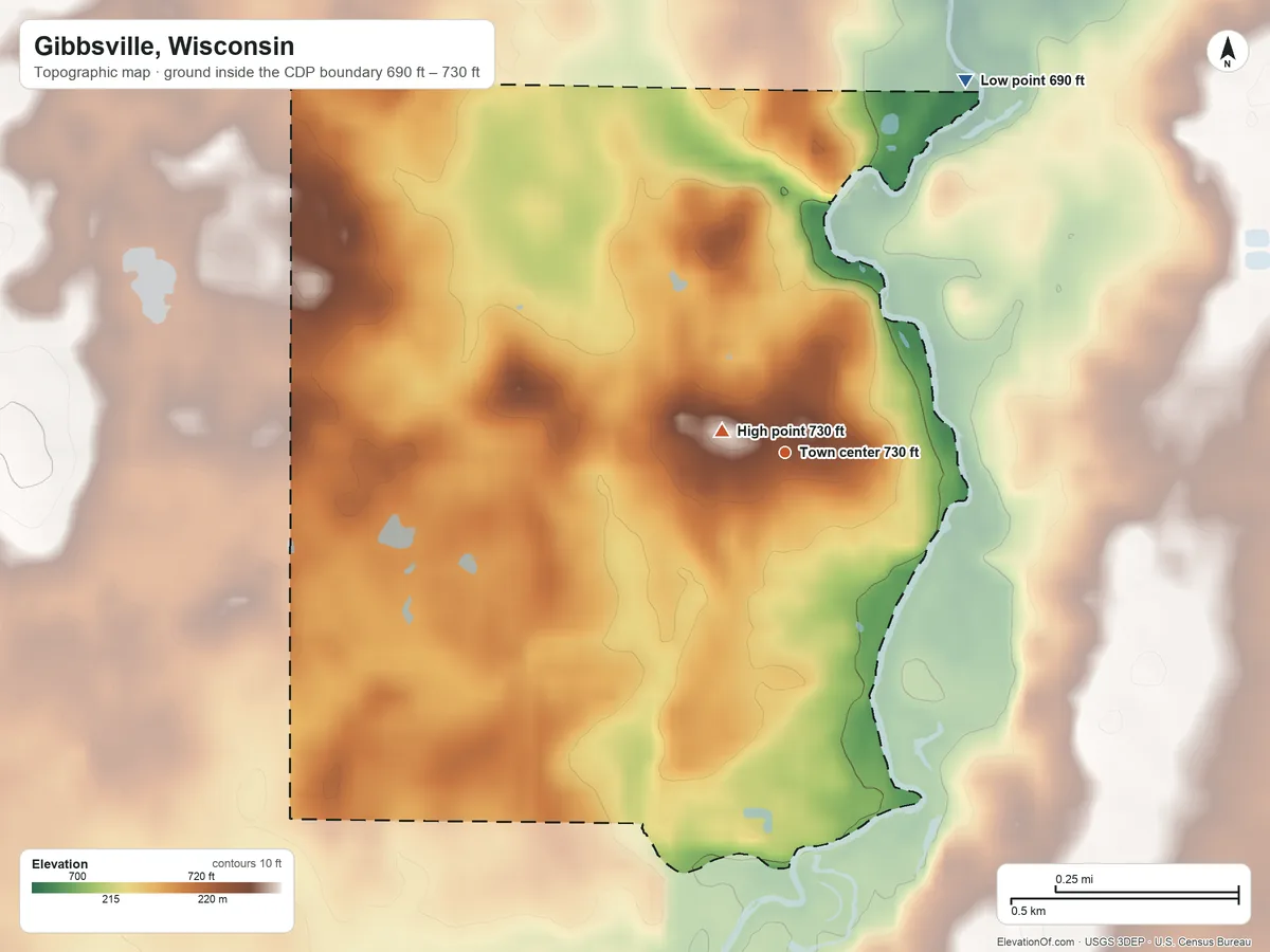 Topographic elevation map of Gibbsville, Wisconsin, shaded from 690 ft on the northeast side to 730 ft near the middle