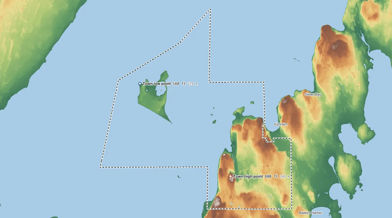 Topographic elevation map of Gibraltar, Wisconsin, shaded from 580 ft on the northwest side to 800 ft near the middle