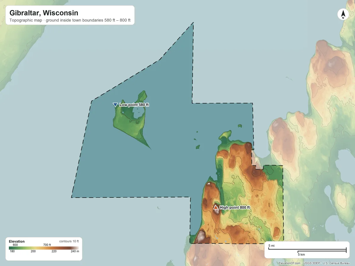Topographic elevation map of Gibraltar, Wisconsin, shaded from 580 ft on the northwest side to 800 ft near the middle