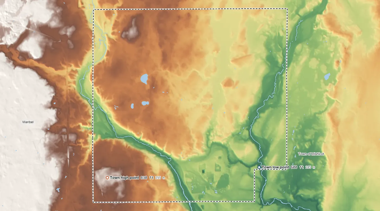 Topographic elevation map of Gibson, Wisconsin, shaded from 600 ft on the southeast side to 830 ft on the southwest side