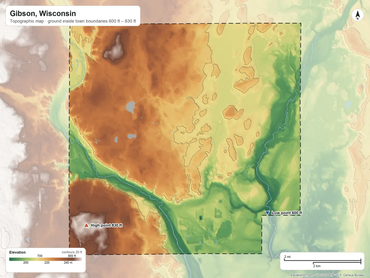 Topographic elevation map of Gibson, Wisconsin, shaded from 600 ft on the southeast side to 830 ft on the southwest side