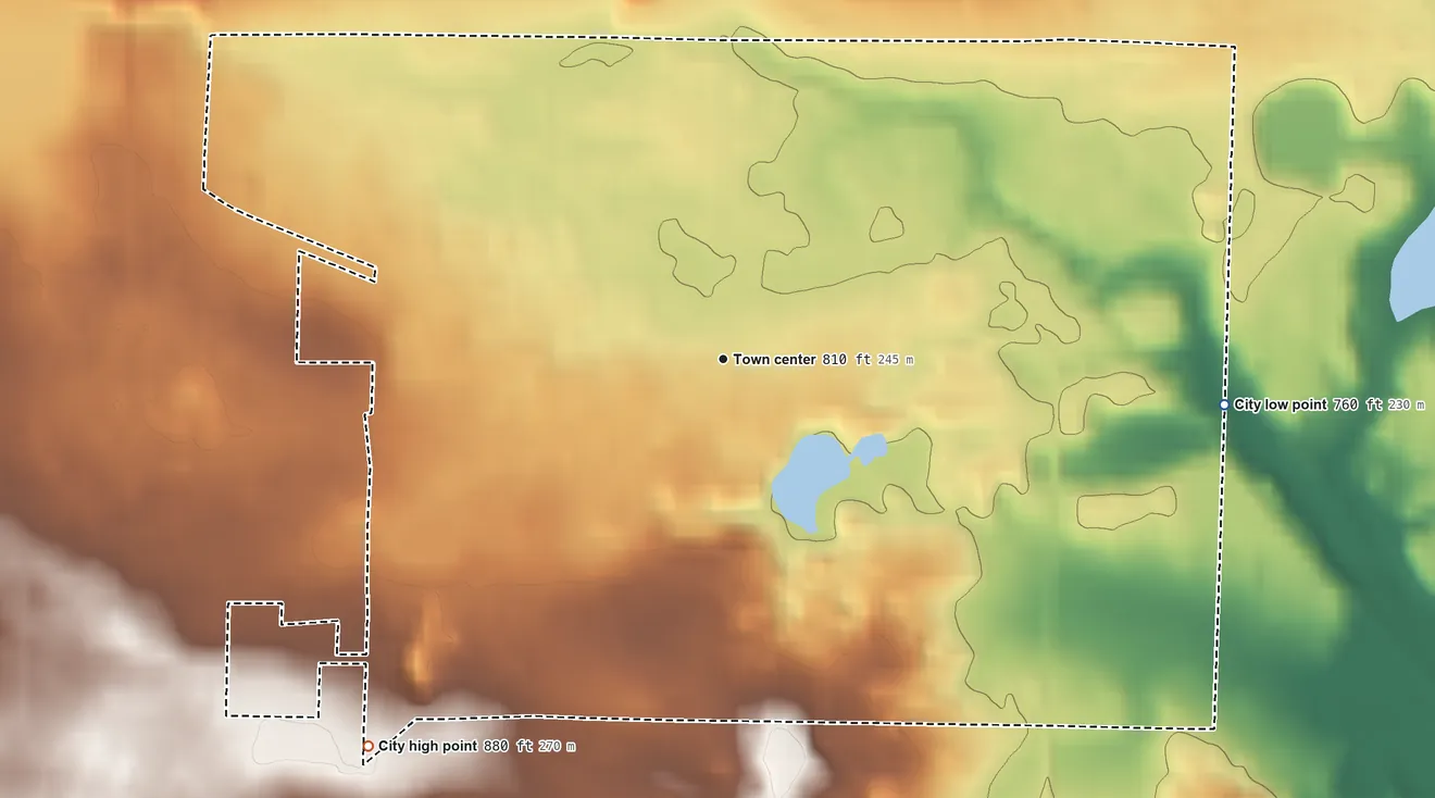 Topographic elevation map of Gillett, Wisconsin, shaded from 760 ft on the east side to 880 ft on the southwest side
