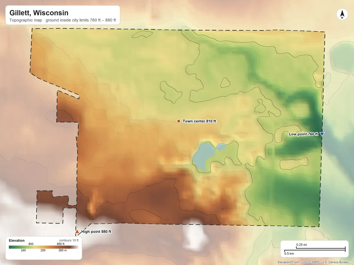 Topographic elevation map of Gillett, Wisconsin, shaded from 760 ft on the east side to 880 ft on the southwest side