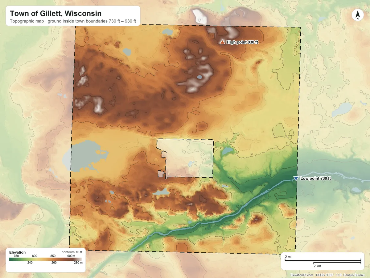 Topographic elevation map of Town of Gillett, Wisconsin, shaded from 730 ft on the east side to 930 ft on the north side