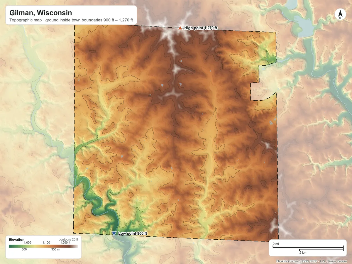 Topographic elevation map of Gilman, Wisconsin, shaded from 900 ft on the south side to 1,270 ft on the north side