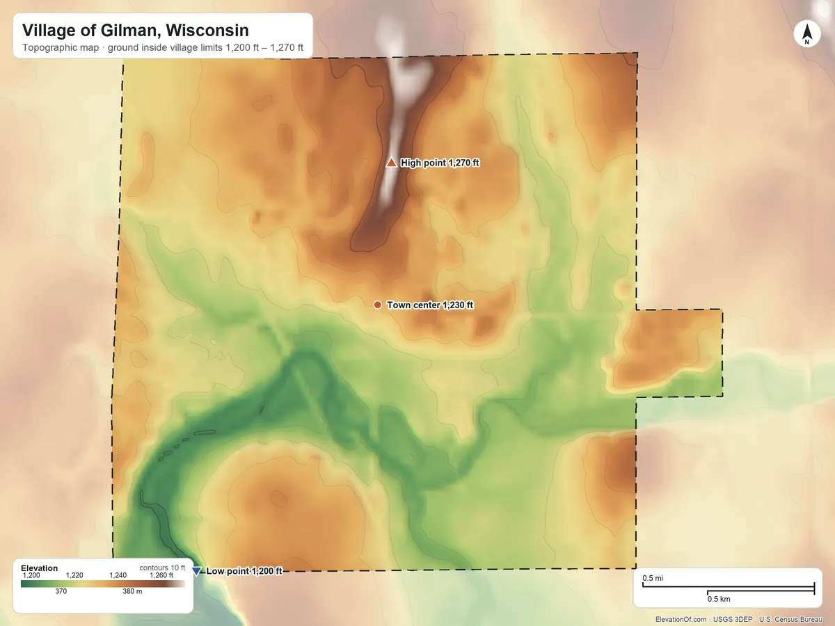 Topographic elevation map of Village of Gilman, Wisconsin, shaded from 1,200 ft on the southwest side to 1,270 ft on the north side